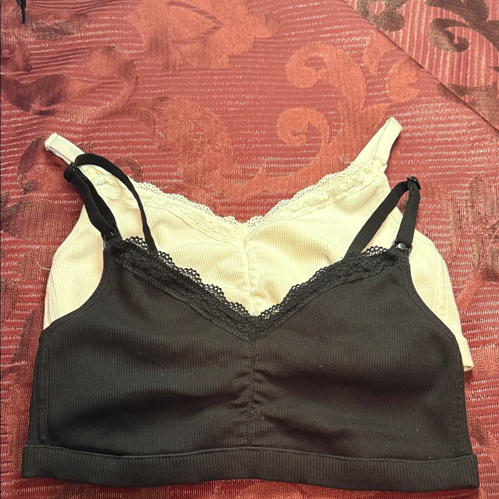 Women's Black and Cream Lace Trim Bralette Set